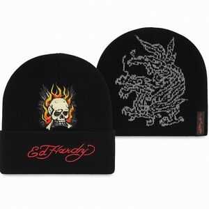 Ed Hardy Skull & Dragon Beanie Set 2-Pack Knit Black Embroidered Logo Hat NWT